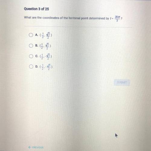 What are the coordinates of the terminal point determined by t= 20pi/3