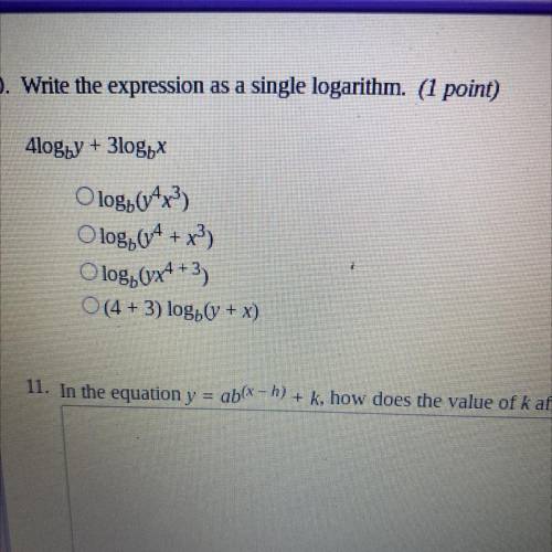 Write the expression as a single logarithm.
4logb^y + 3logb^x