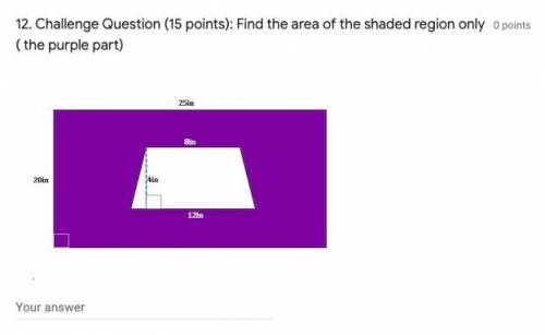 WILL GIVE BRAINLIEST FOR CORRECT ANSWER Find the area of the shaded region only ( the purple part)