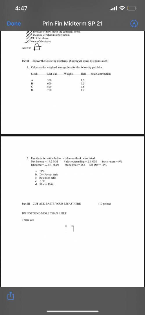 Calculate the weighted average beta for the following portfolio:

Stock Mkt Val
A 300
B 600
C 800