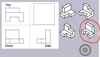 Study the image below. The circled isometric is the correct isometric view for the multiview sketch