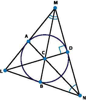 Triangle town wants to build a school that is equidistant from its three cities L, M, and N. Which