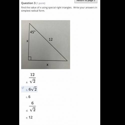 Find the value of x using special right triangles. Write your answers in simplest radical form.