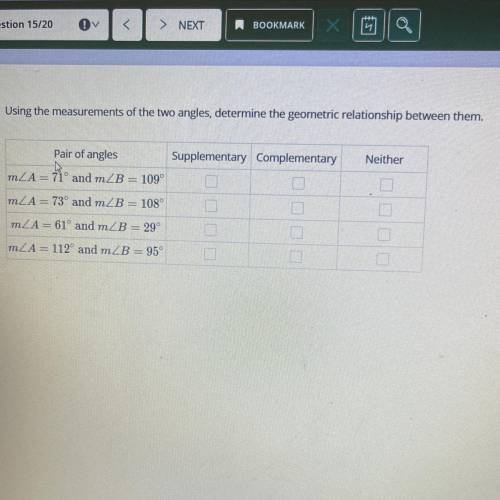 Using the measurements of the two angles, determine the geometric relationship between them