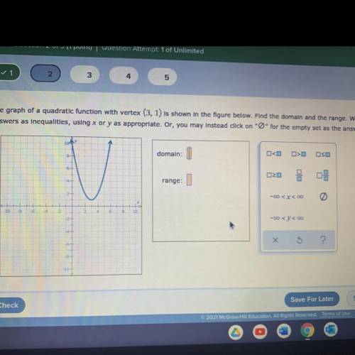 The graph of a quadratic function with vertex (3, 1) is shown in the figure below. Find the domain