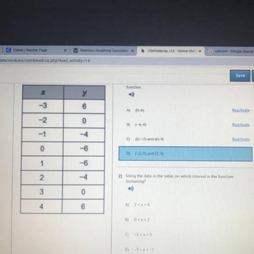 Using the data in the table, on which interval is the function

increasing?
A) 2
B)
0
C)
-1 < x