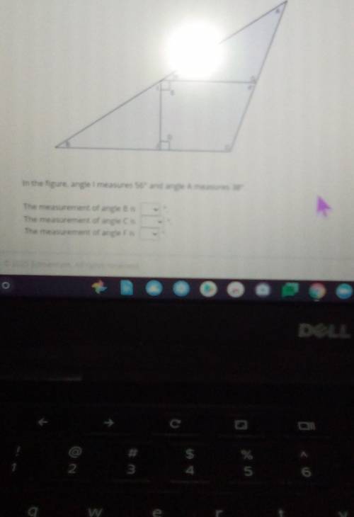 First correct answer from each drop down menu. in the figure, angle I measures 56° and angle a meas