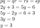 pq = qr = rs = sp \\ 2y + 3 = 5y - 6 \\ 5y - 2y = 6 + 3 \\ 3y = 9 \\ y = 3