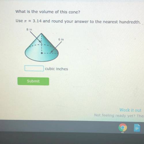 Solve for v. ( find the volume of the cone)- V=1/3*3.14*6^2*8