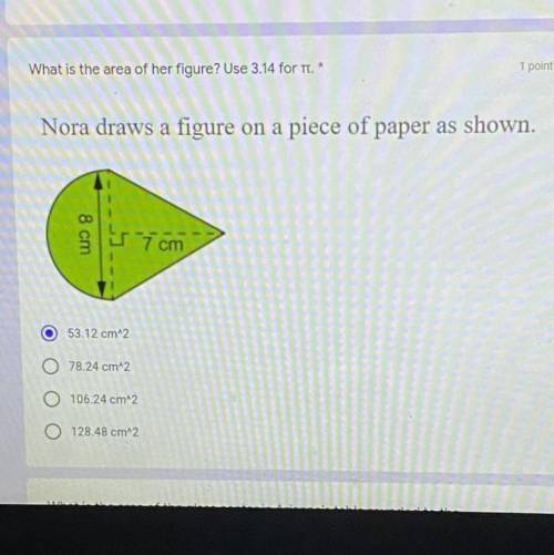 What is the area of her figure? Use 3.14 for T. *

Nora draws a figure on a piece of paper as show