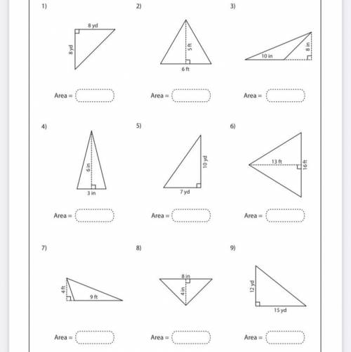 Can you help me find the area for these triangles?