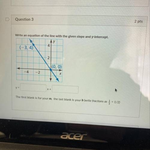 Write an equation of the line with the given slope and y-intercept.

y у
4
(-3, 4)
4
2
(0, 0)
4
-2