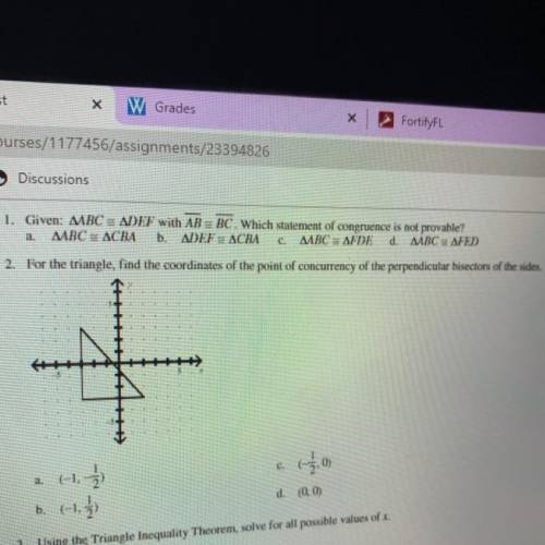 For the triangle, find the coordinates of the point of concurrency of the perpendicular bisectors o