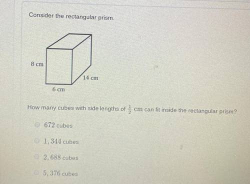 Consider the rectangular prism.

8 cm
14 cm
6 cm
How many cubes with side lengths of a cm can fit