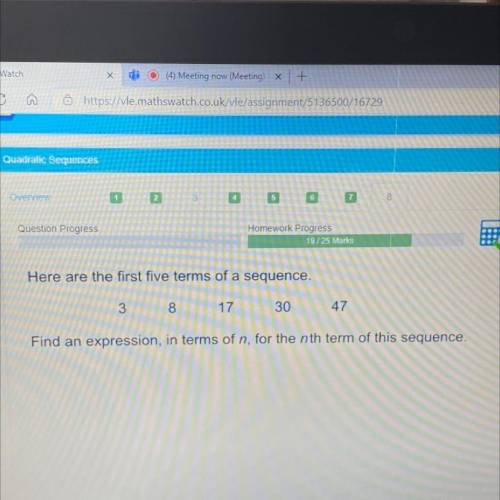 Here are the first five terms of a sequence.

3
8
17
30
47
Find an expression, in terms of n, for