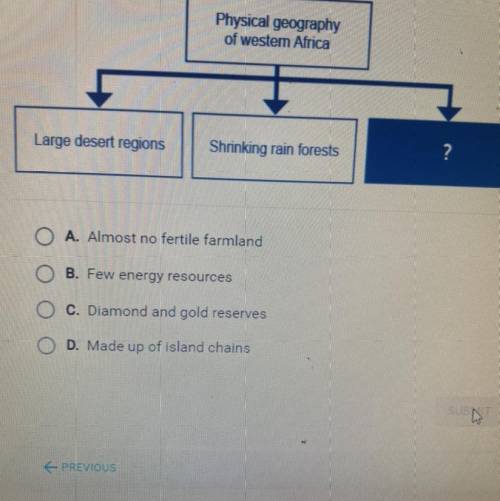 Which phrase best completes the diagram?

Physical geography
of western Africa
Large desert regio