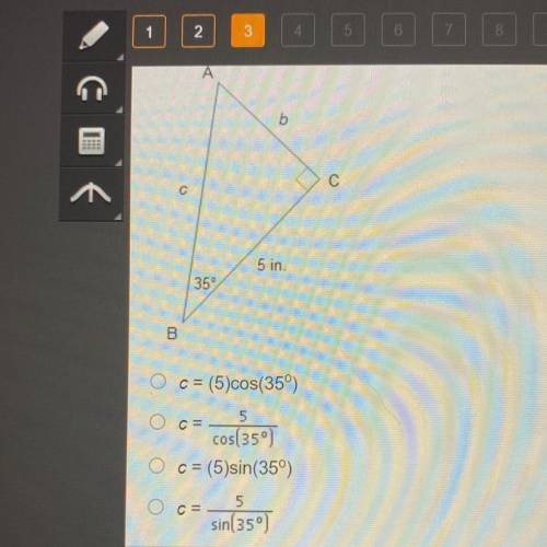 B

С
c
5 in.
35°
B
O c = (5)cos(359)
Oc=
cos(350)
O c = (5)sin(35)
Oc=_5
[
sin(35)