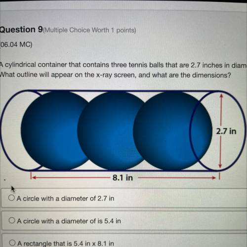 A cylindrical container that contains three tennis balls that are 2.7 inches in diameter is lying o