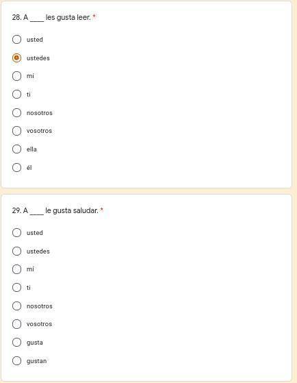 Verb Gustar - here are the answer choices for 28 and 29