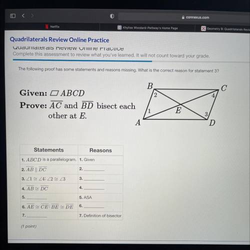 The following proof has some statements and reasons missing. What is the correct reason for stateme