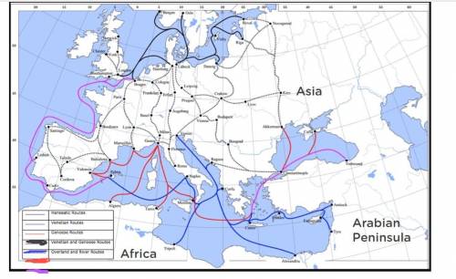 Look at the shipping routes (over water) leaving/entering the italian peninsula.

1. What do you s