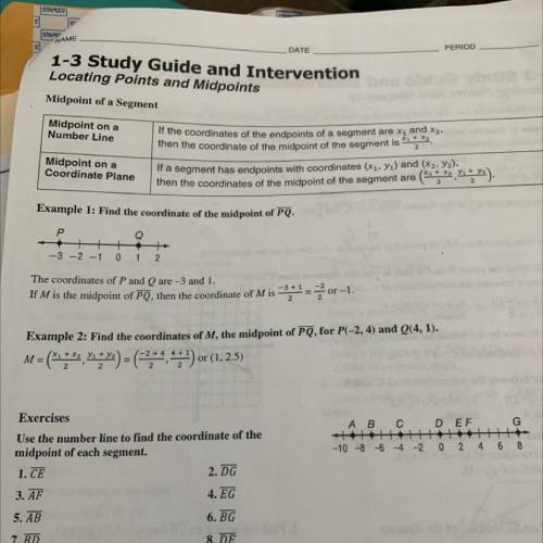 Use the number line to find the coordinate of the
midpoint of each segment.