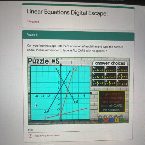 Puzzle 5

Can you find the slope-intercept equation of each line and type the correct
code? Please