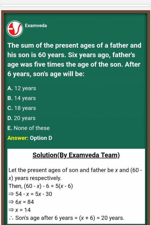 sum of the age of son and his father is60 and the six year ago the age of father is five time the so