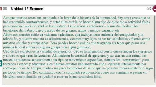 Que debemos de hacer para estar en buena salud?

A. levantar mucho peso
B. tomar reposo
C. ejercit