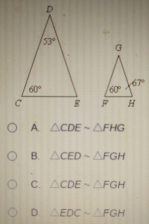 Look at picture. Choose a similarity statement for the triangles. Be sure the correct order of corr