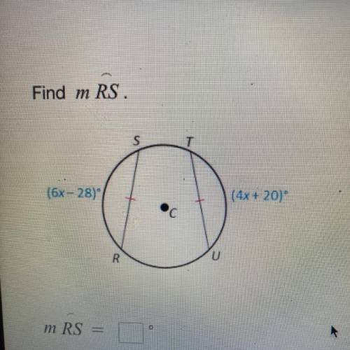 PLEASE HELP 15 POINTS
Find m RS
S
(6x-28)
(4x+ 20)￼