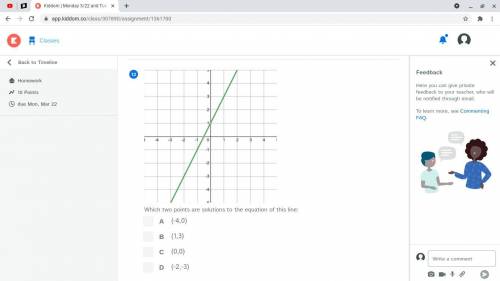 Which two points are solutions to the equation of this line