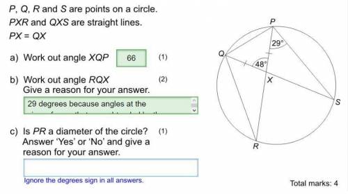 P, Q, R and S are points on a circle. PXR and QXS are straight lines. PX = QX. SPX is 29 degrees, Q