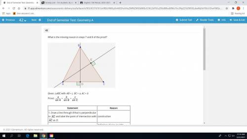 What is the missing reason in steps 7 and 8 of the proof?

Given: ∆ABC with AB = c, BC = a, AC = b