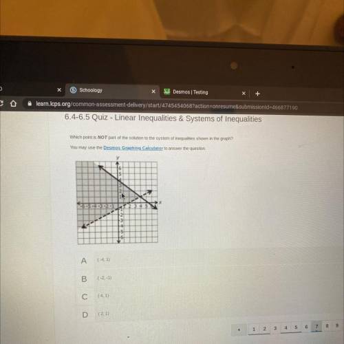 Equalities

Which point is NOT part of the solution to the system of inequalities shown in the gra