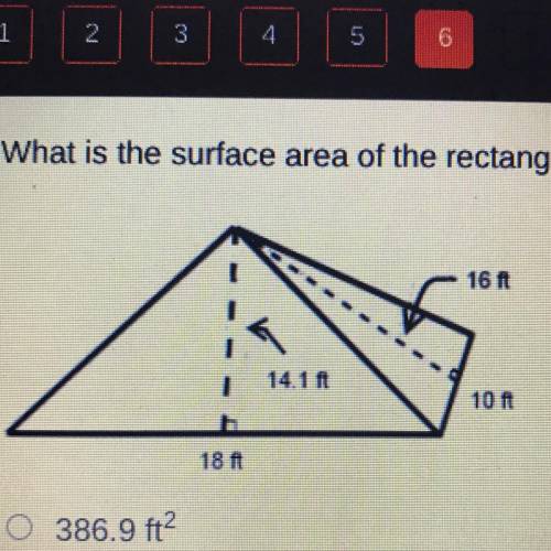 What is the surface area of the rectangular pyramid below?

a) 386.9 ft sq
b) 583.8 ft sq
c) 639.4