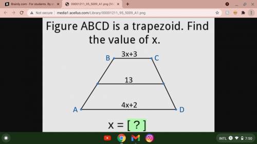 Help asap will give crown!!!
Figue ABCD is a trapezoid find the value of x