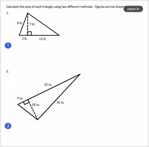 Calculate the area of triangles using two different methods. figures are now drawn to scale.