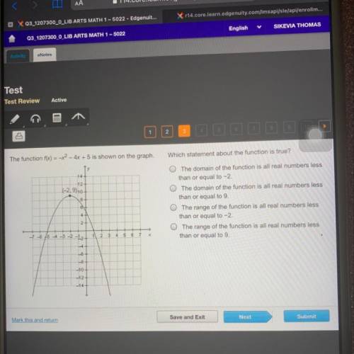 The function f(x) = -x2 - 4x + 5 is shown on the graph.

Which statement about the function is tru