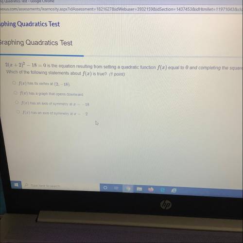 2(x + 2)2 - 18 = 0 is the equation resulting from setting a quadratic function f(x) equal to 0 and