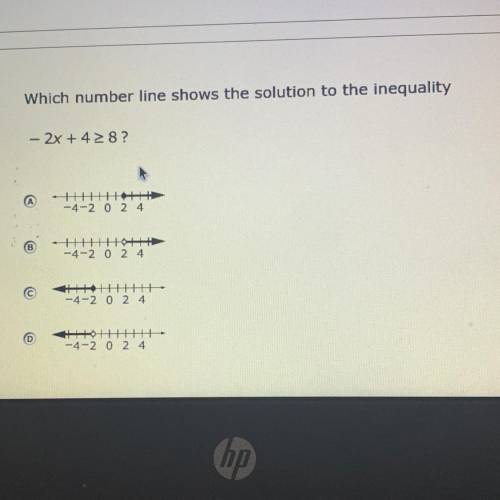 Which number line shows the solution to the inequality

- 2x + 4 28?
-4-2 0 2 4
TH+0+++
-4-2 0 2 4