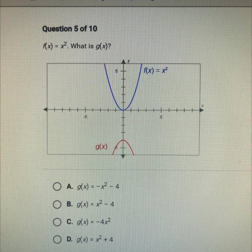 F(x) = x2. What is g(x)?

5
f(x) = x²
-5
5
g(x)
O A. g(x) = -x2 - 4
B. g(x) = x2 - 4
O c. g(x) = -