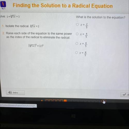 Solve: 1+^3√5x=3

1. Isolate the radical. ^3√5x=2
2. Raise each side of the equation to the same p