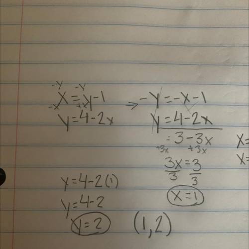 X=y-1
y=4-2x
solve by using the substitution method. pls explain how you did it too pls