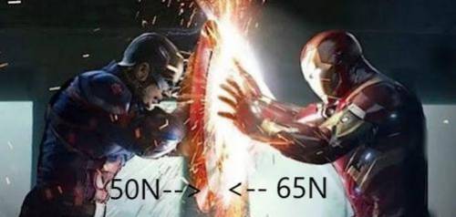 If Captain America exerted a force of 50N and Iron Man exerted a force of 65N in the opposite direc