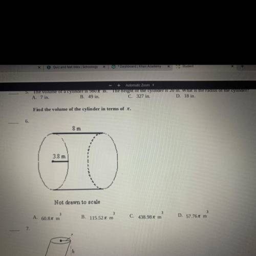 Find the volume of the cylinder in terms of pi