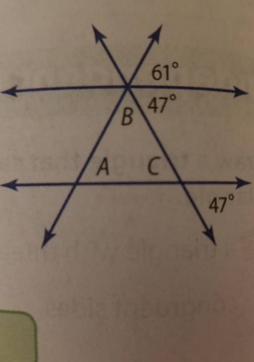 Triangle ABC is formed by two parallel lines and two other intersecting lines. Find the measure of