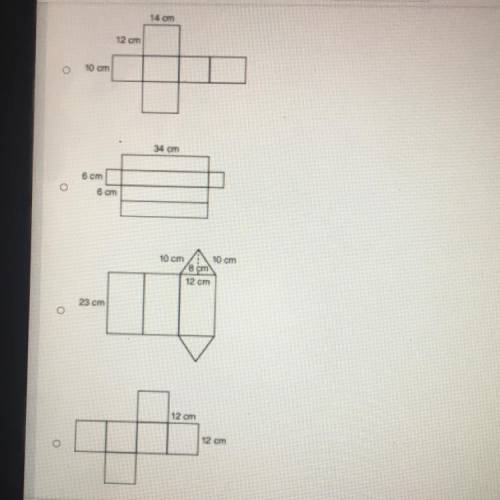 Which net represents a three-dimensional figure with a surface area of 864 square centimeters (em)