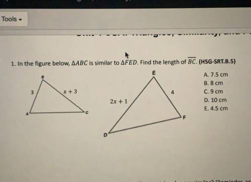 Pls answer!!
In the figure below, ABC is similar to FED. Find the length of BC.