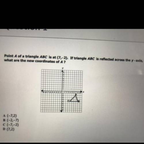 Point A of a triangle ABC is at (7,-2). If triangle ABC is reflected across the y-axis,

what are